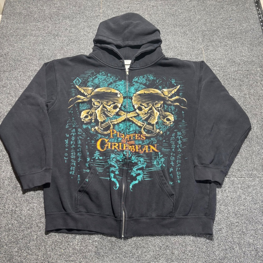 Disney World Pirates of the Caribbean Skull Zip Up Hoodie Black Mens XL